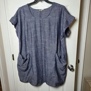 52seven sz 1X blue Linen Shift Dress Knee Length Scoop Neck Lagenlook w Pockets